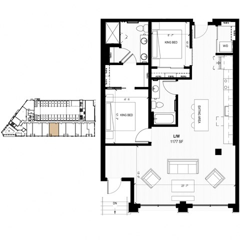 Floor plan for 2 beds, 2 baths, 1177 sqft